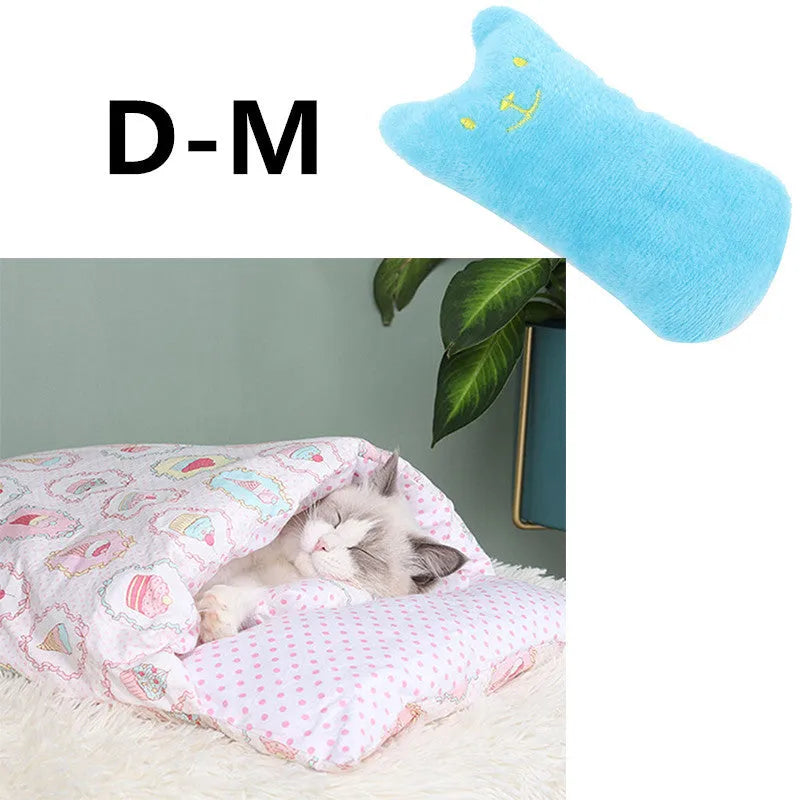 Warm semi-enclosed cat bed with removable washable quilt, cloth cave design for small to large cats