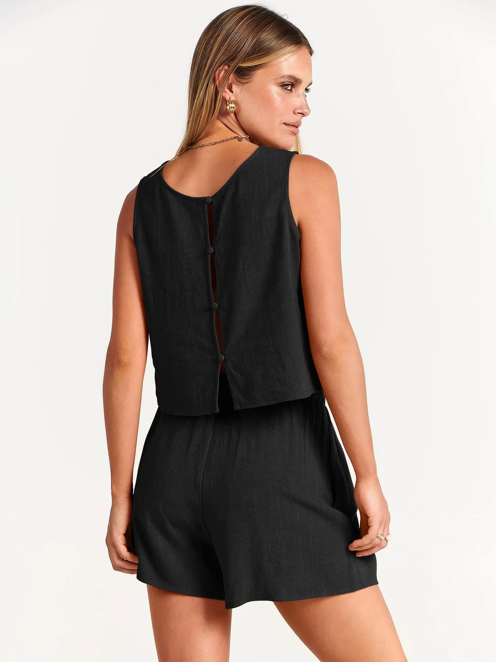 Women's sleeveless top and drawstring shorts summer two-piece set in rayon-linen blend fabric