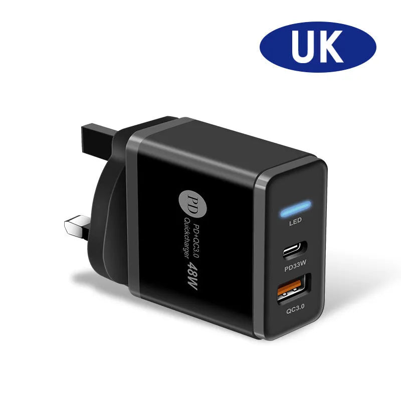 PD48W fast travel charger with UK three-pin plug in black or white colour, showing type-C USB port
