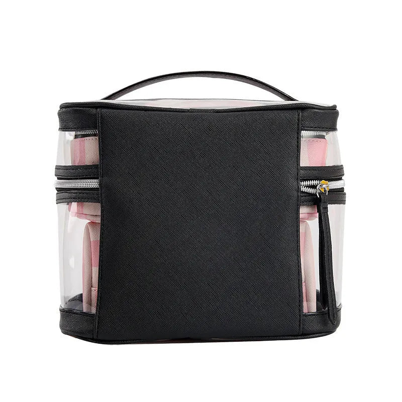 Pink bold stripes floral pattern folding makeup bag with waterproof synthetic leather material