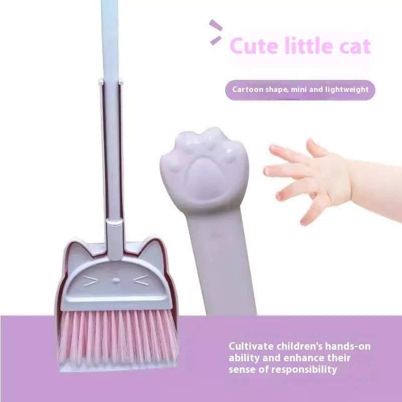 Purple, green, and beige plastic broom and dustpan set with rotating holder.