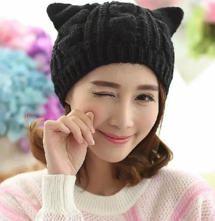 Hand-knitted wool beanie with 3D cat ears in multiple colour options