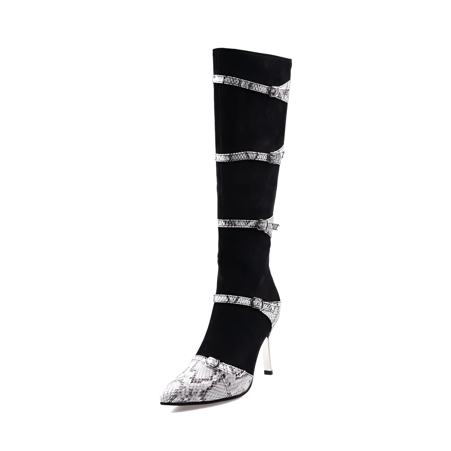 Grey and black women's knee-high high-heel boots with a thin 9cm heel and velvet lining.