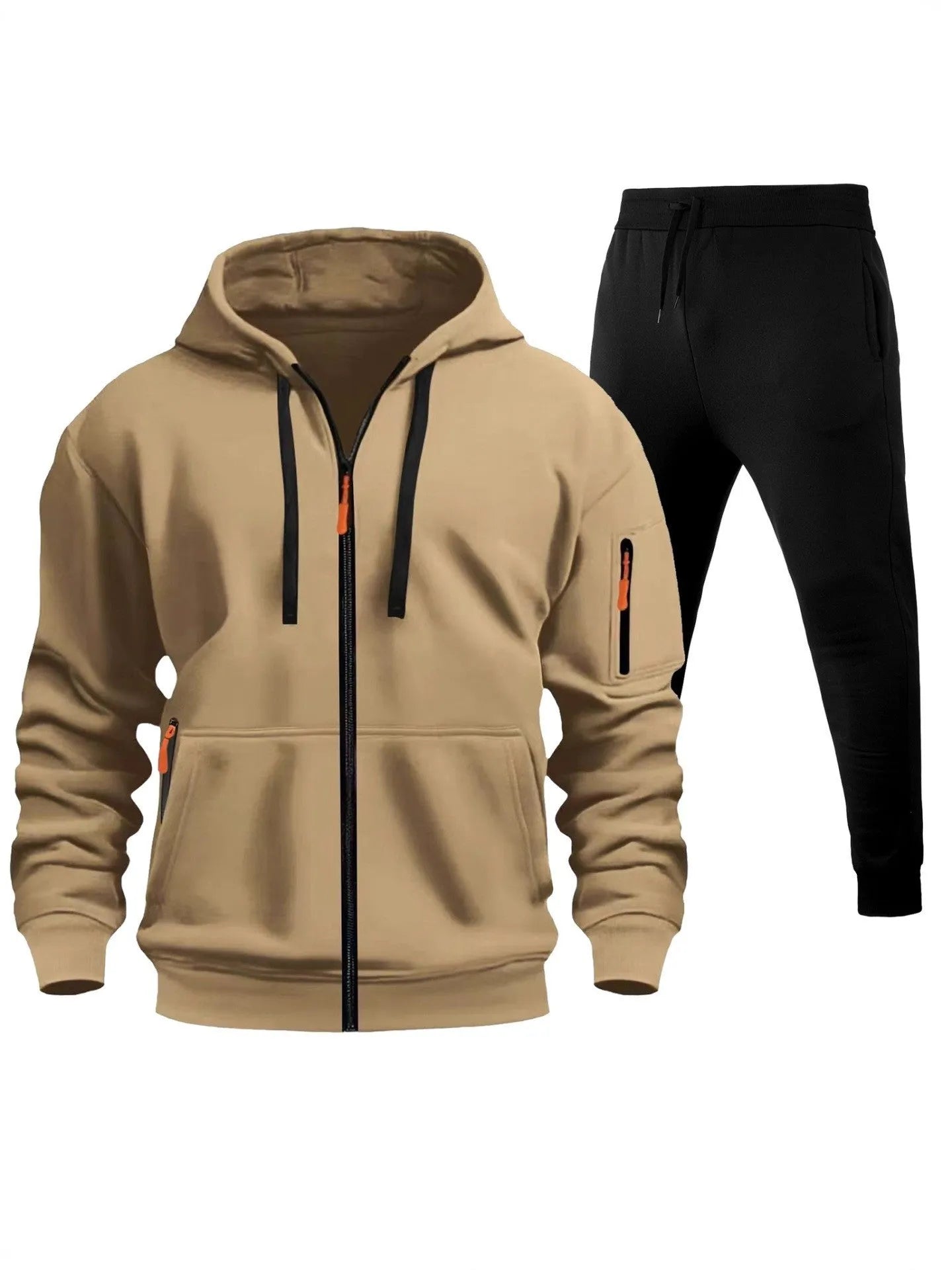 Men's zip-up hoodie set with multiple pockets and wool lining in camel colour