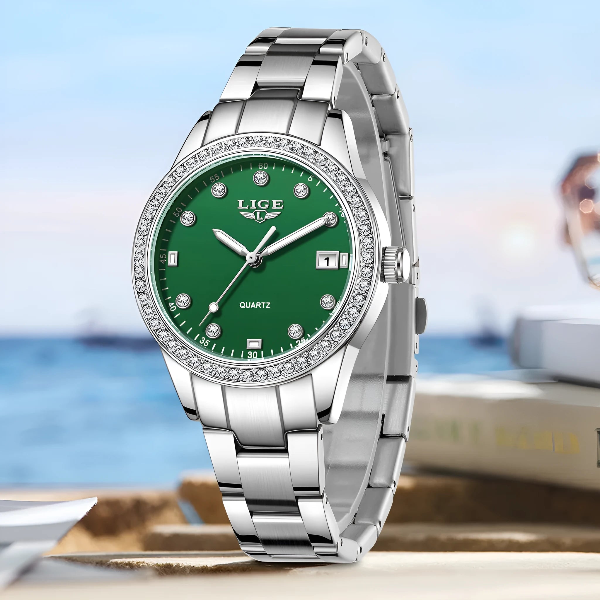 Women's fashion quartz watch with diamond-encrusted dial and luminous hands in stainless steel case