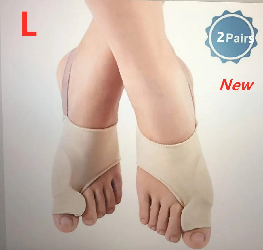 Valgus toe separator corrective socks with silicone gel bunion pad shown in sizes S, M, and L.