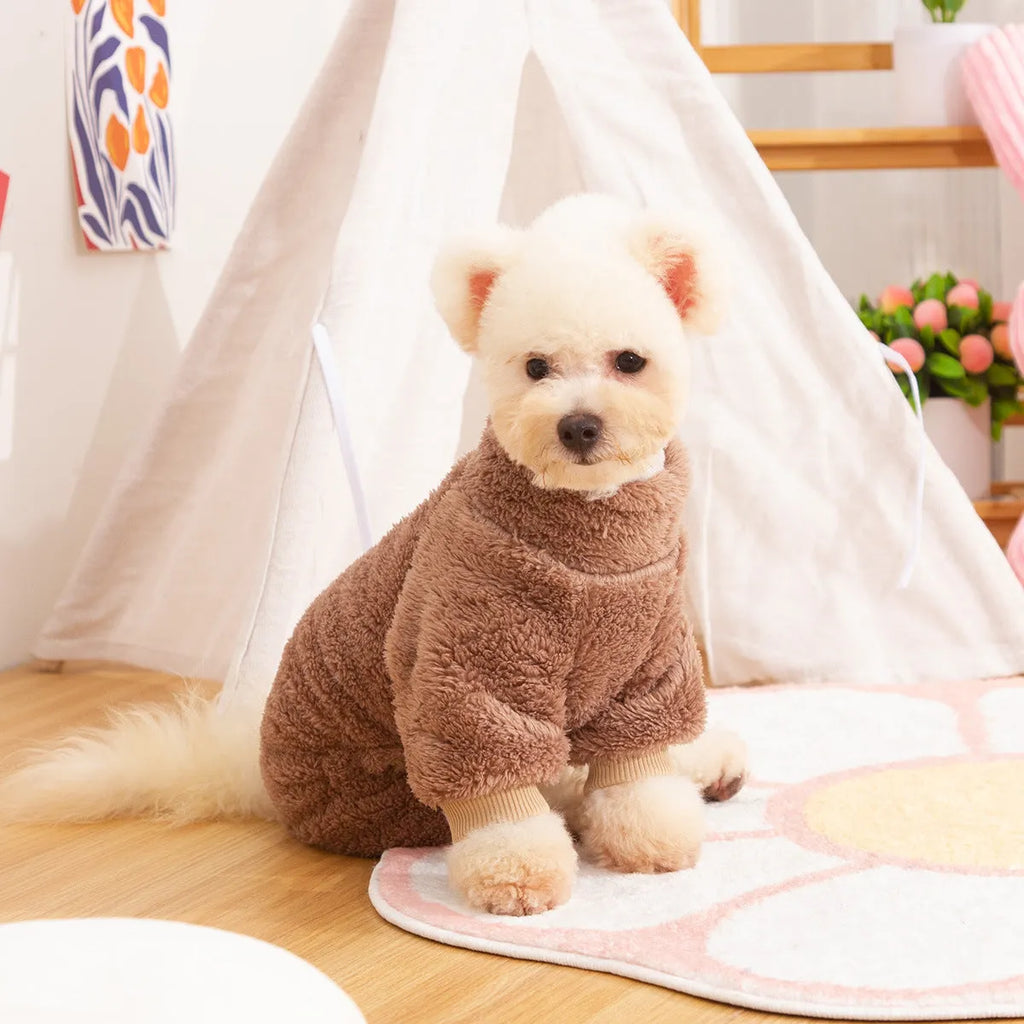 Four-legged dog clothes with double-sided plush fabric and high collar in khaki colour with towing ring attachment