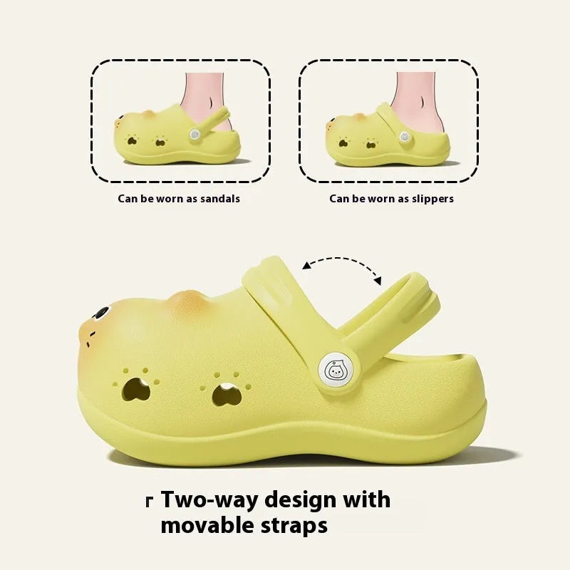 Children's closed toe slippers in grey brown, pink, and yellow, EVA foam, cartoon paradise style, sizes 130 to 180