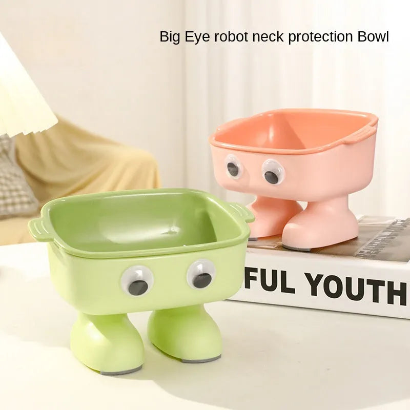 Green robot design elevated pet bowl with tilted feeding surface and detachable inner bowl