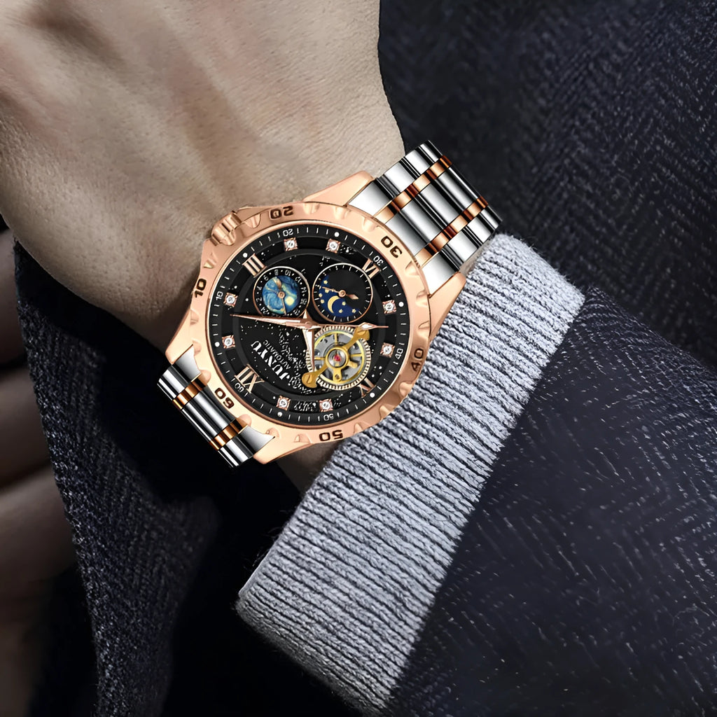 Men's automatic mechanical watch with luminous hands in rose gold, silver, or gold case options