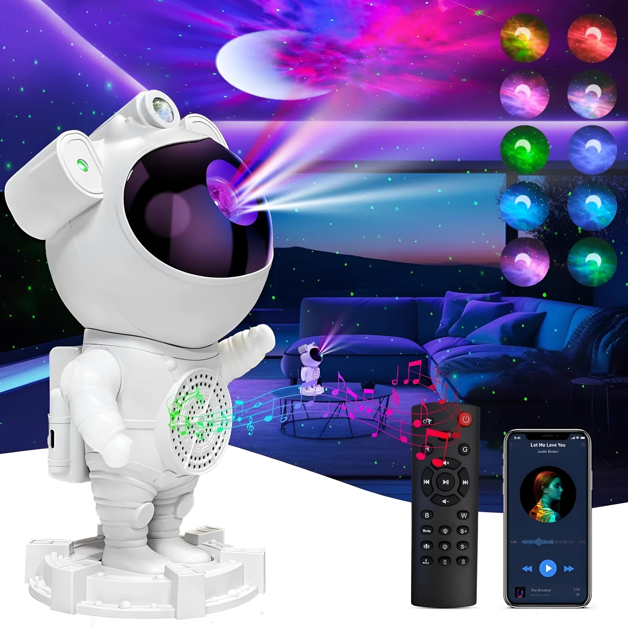 Bluetooth astronaut starry sky projection lamp in white with star projection effect