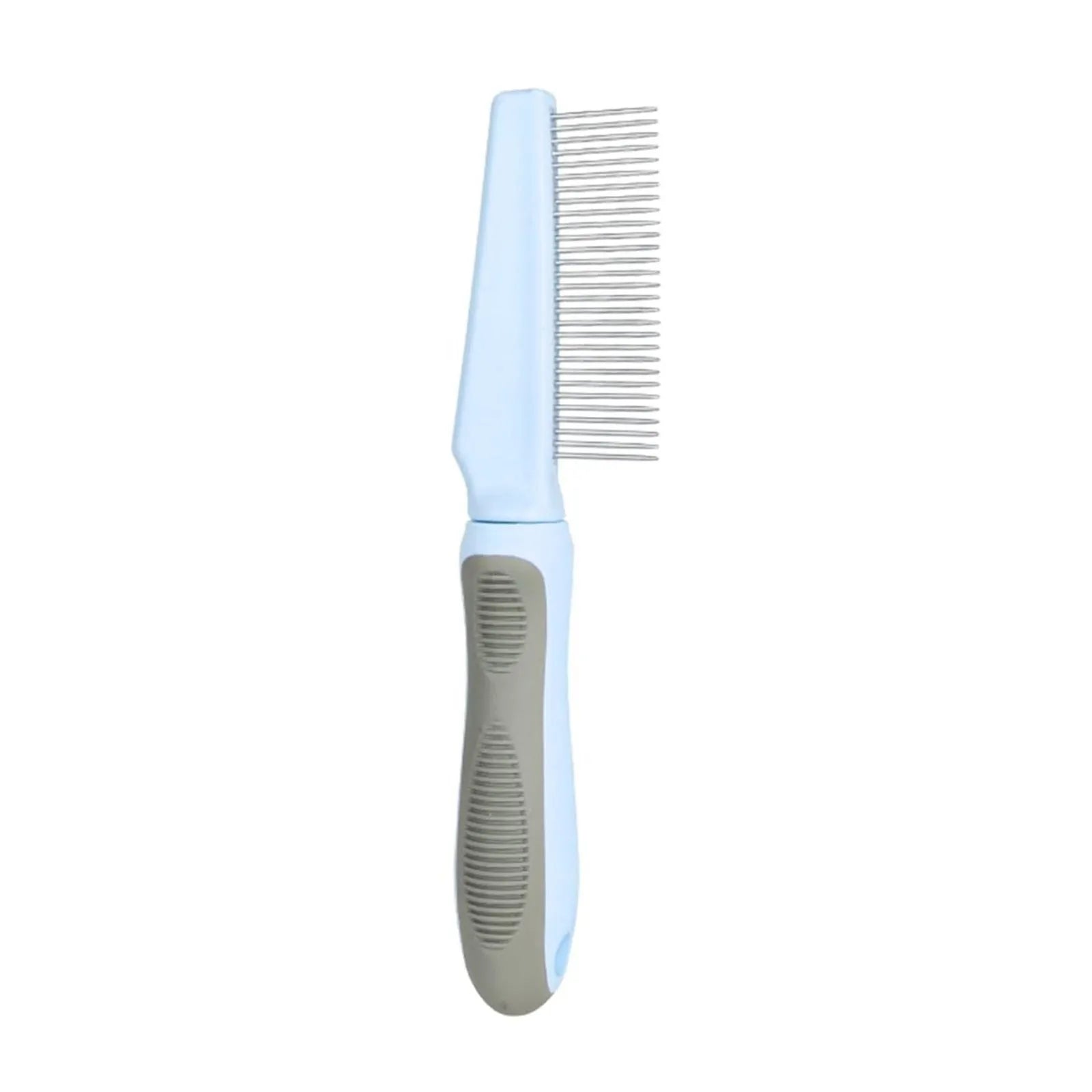 Blue pet detangler comb with multiple needle types and a rubber handle for grooming dogs and cats
