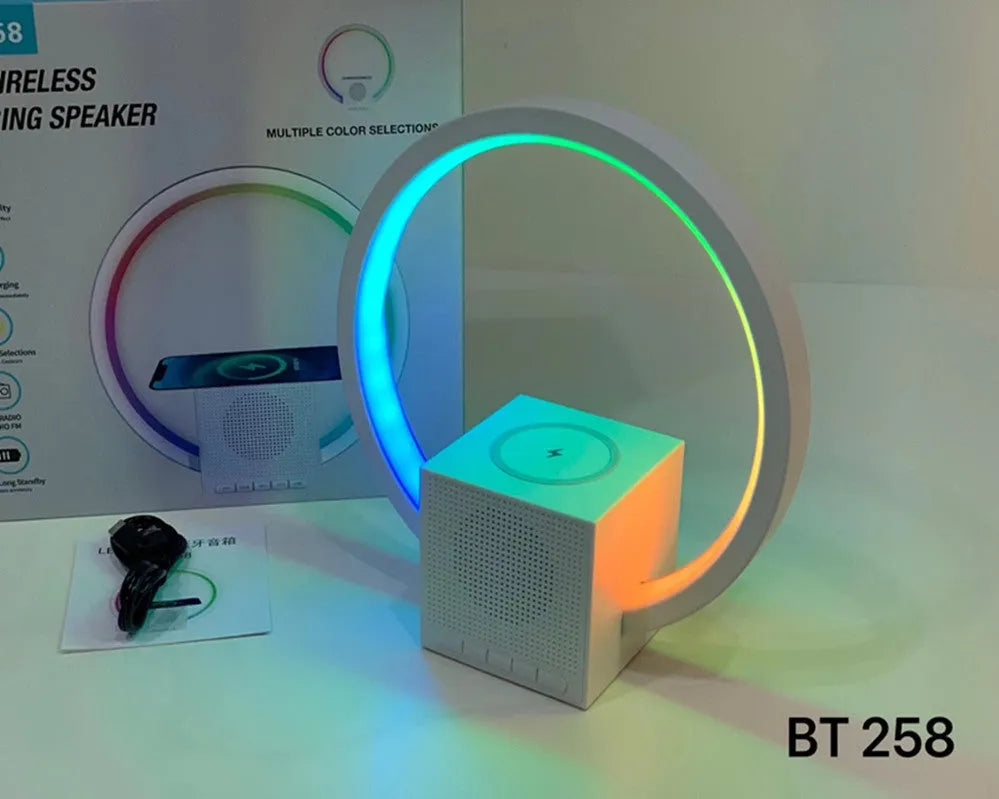 White smart ambience light Bluetooth speaker wireless charger with USB power and card insertion slot