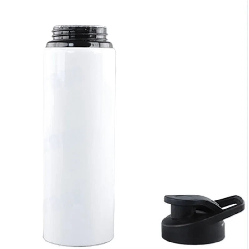 White aluminium sports water bottle for cycling and outdoor activities showing 600ml and 750ml capacity options