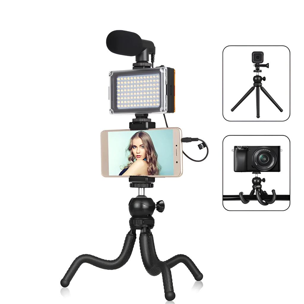 Black octopus-style flexible tripod with fill light and microphone for iPhone live broadcasting