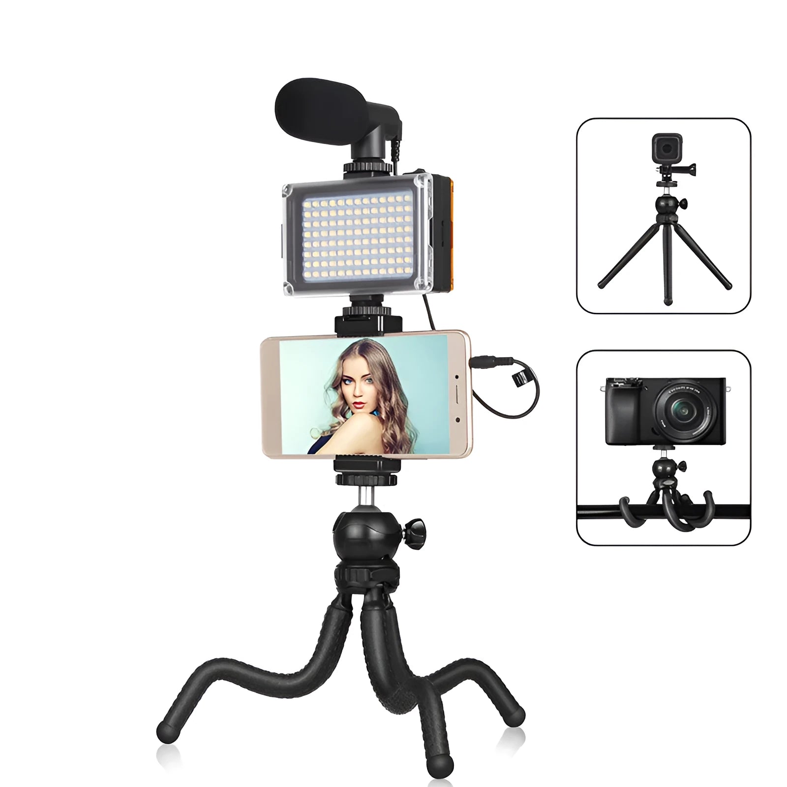 Black octopus-style flexible tripod with fill light and microphone for iPhone live broadcasting