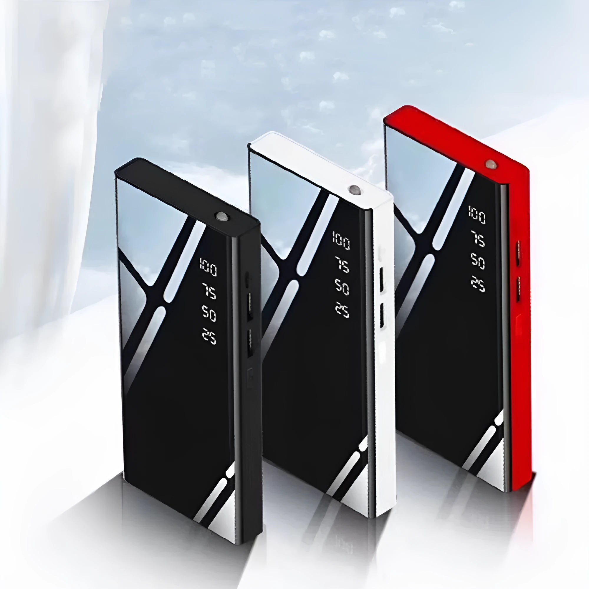 20000mAh portable power bank with LCD display and dual USB ports in black colour