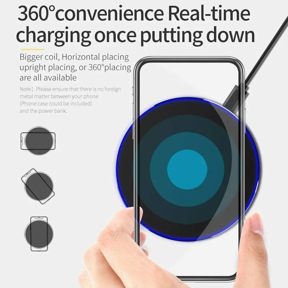 Black ultra-thin wireless fast charging pad with 98mm square dimensions for smartphone charging