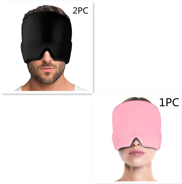 Black elastic cloth gel eye mask for headache relief measuring 22cm by 17cm