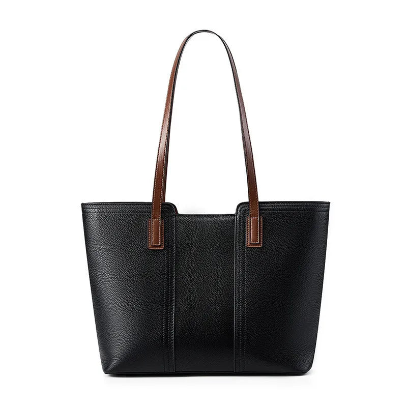 Women's black genuine leather commuter shoulder bag with multiple internal compartments