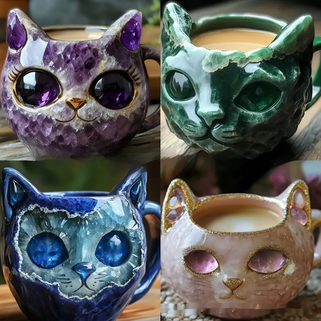 Decorative cat-shaped geode mug resin craft with crystal detailing in pastoral style