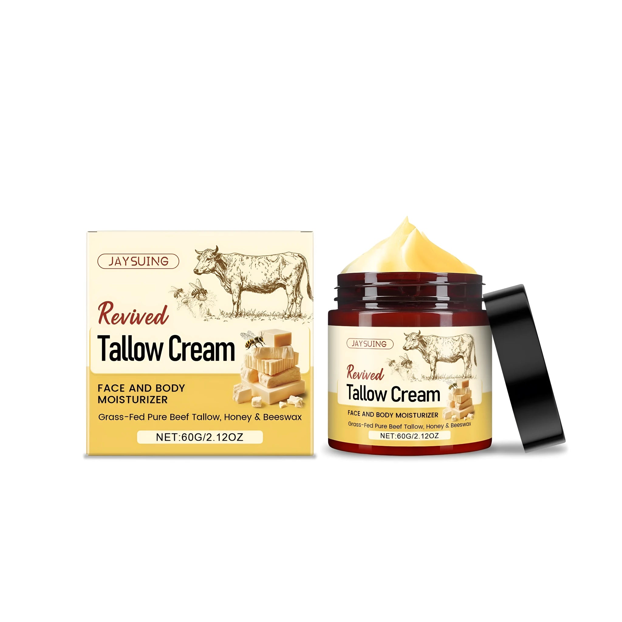 60g glass jar of revived tallow moisturising cream with honey and olive oil