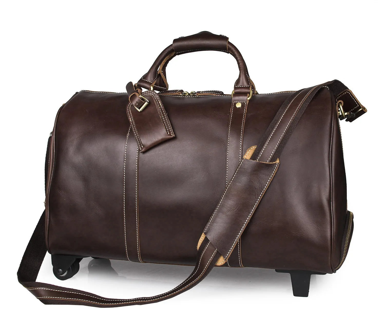 21 inch cowhide leather trolley bag in brown glossy finish, front view showing handle and wheels