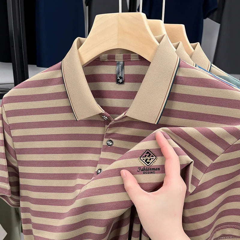 Striped men's casual short sleeve t-shirt with mosaic pattern detail in polyester, available in red, blue, and green colours