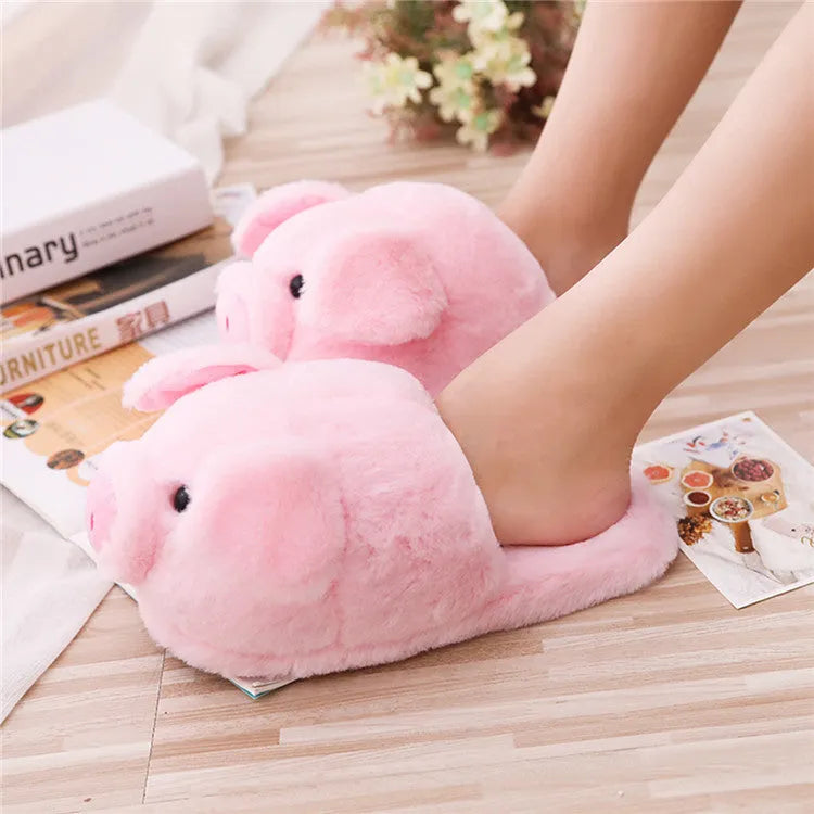 Pink pig plush floor slippers with PP cotton filling in women's sizes