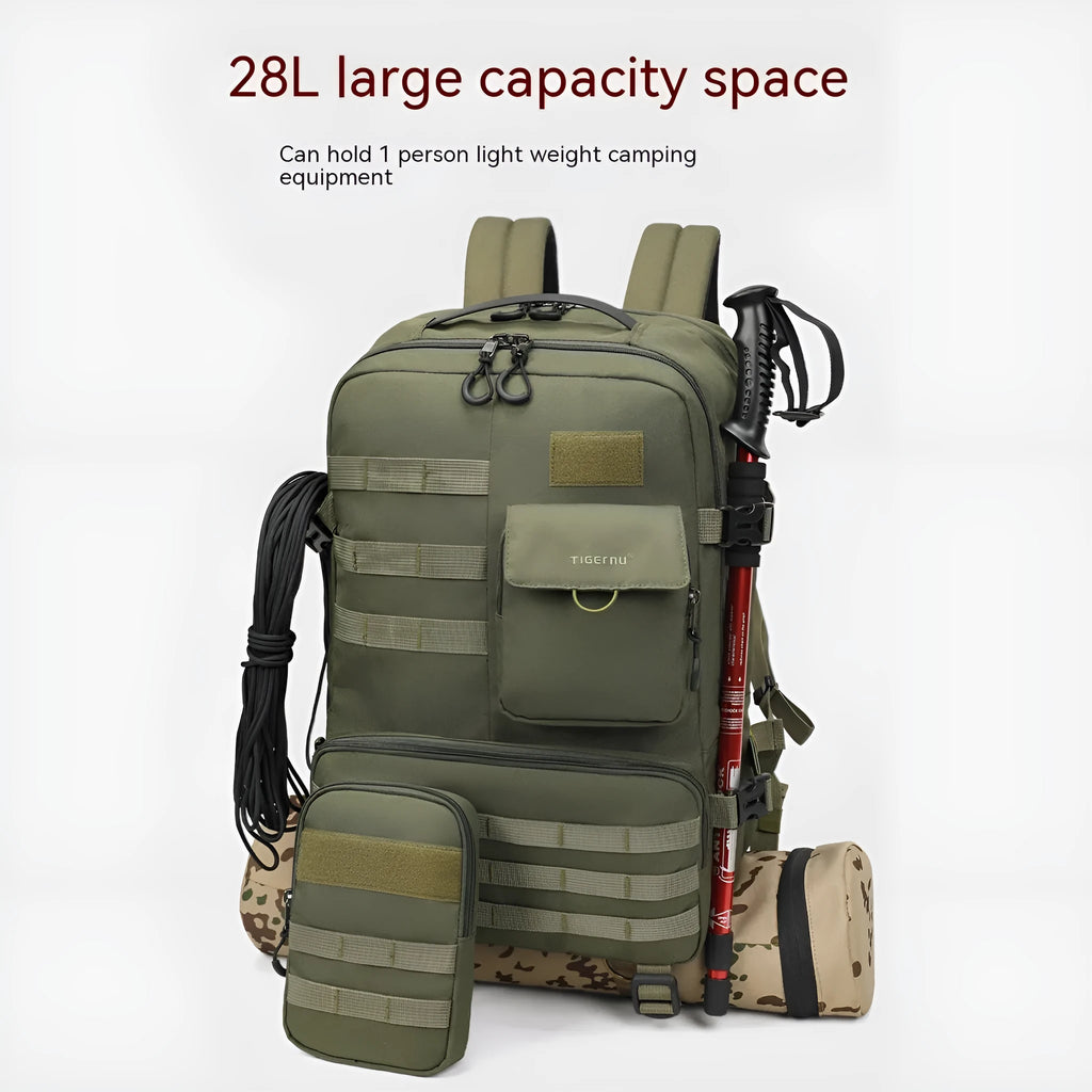 Army Green waterproof tactical backpack showing 17-inch size and main compartment