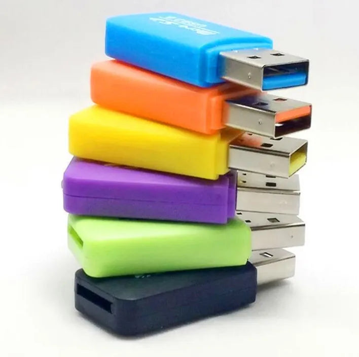 Mini USB card reader for TF MicroSD cards with an SD card size adapter.