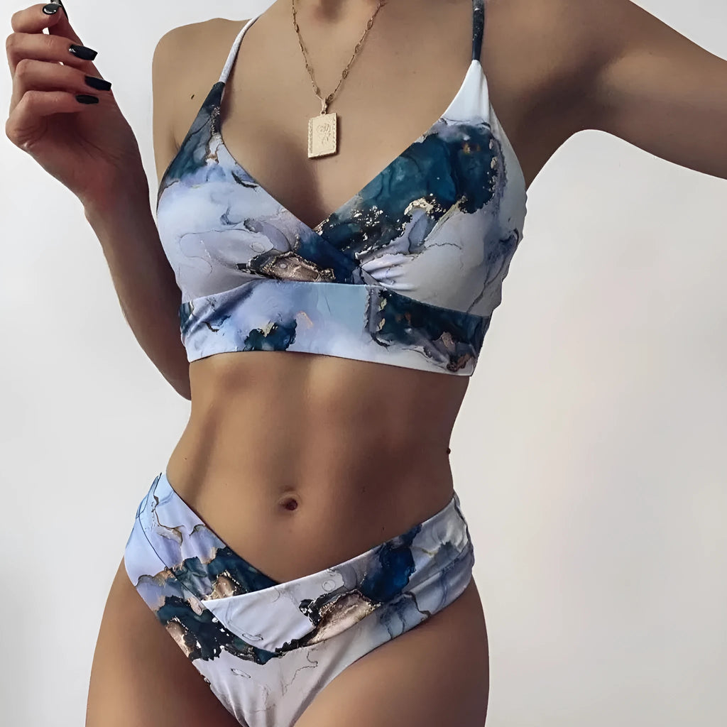 Women's high waist bikini swimsuit set with marble tie-dye print and U-neck design.