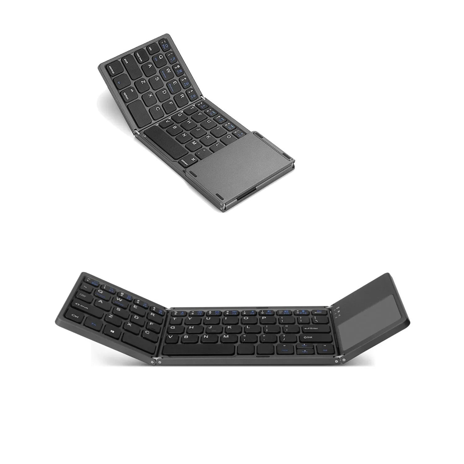 Tri-fold Bluetooth keyboard shown both folded and unfolded with black and silver colour options