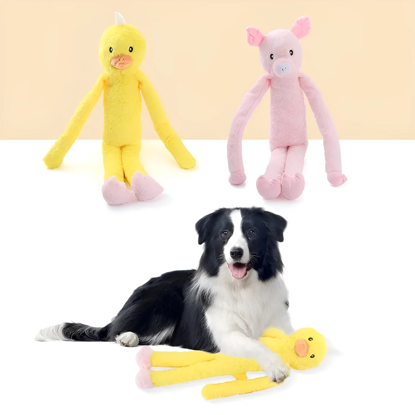 Large pink and yellow plush dog toy with squeaker and rattle paper for golden retrievers