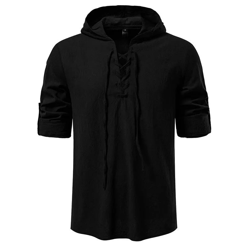 Men's cotton-linen long sleeve shirt with medieval pirate drawstring in khaki colour, slim fit, front view