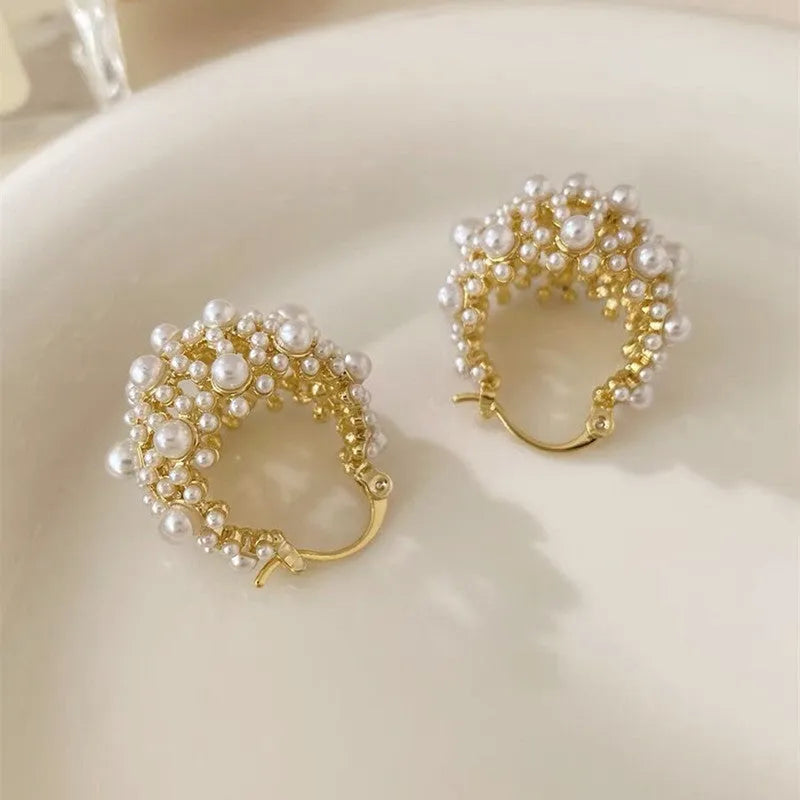 Gold colour copper flower basket earrings with small bead floral pattern and pearl inlay