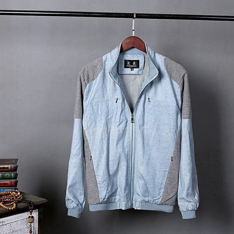 Men's thin cotton linen jacket in blue, grass green, or heather gray on a hanger.