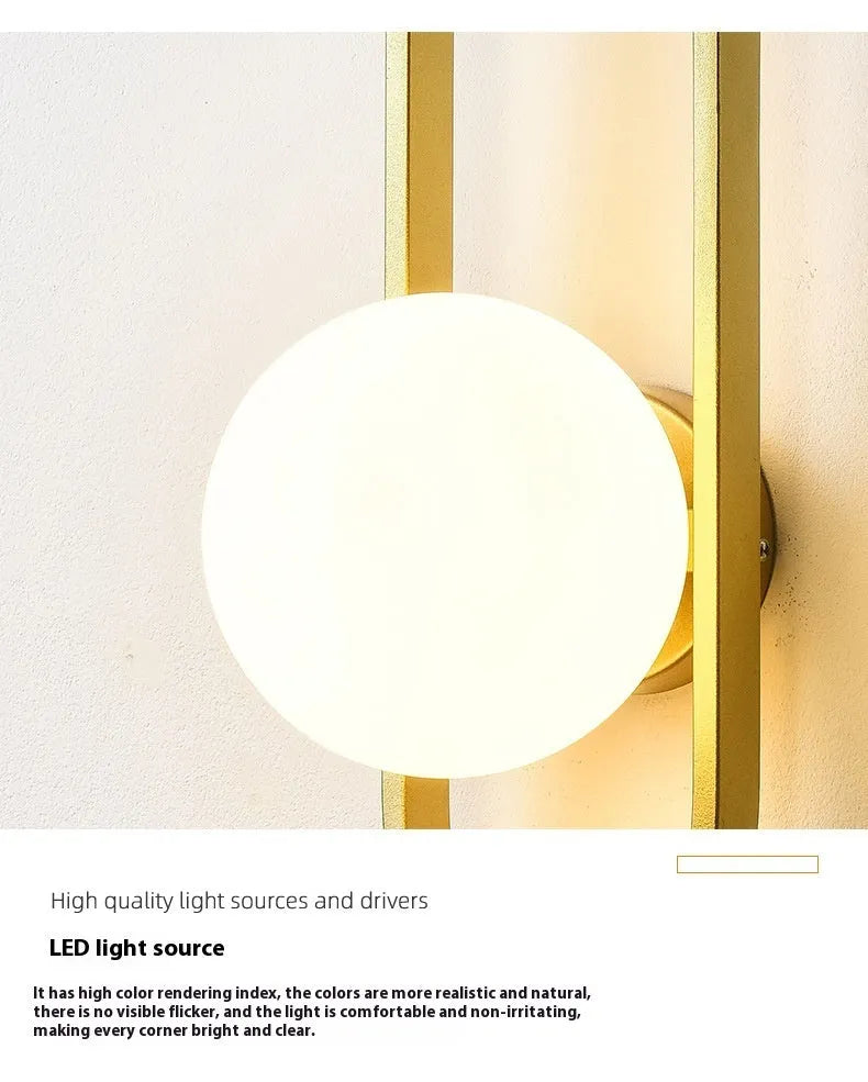 Minimalist wall lamp with glass shade and iron body in black or gold finish showing 12W bulb options