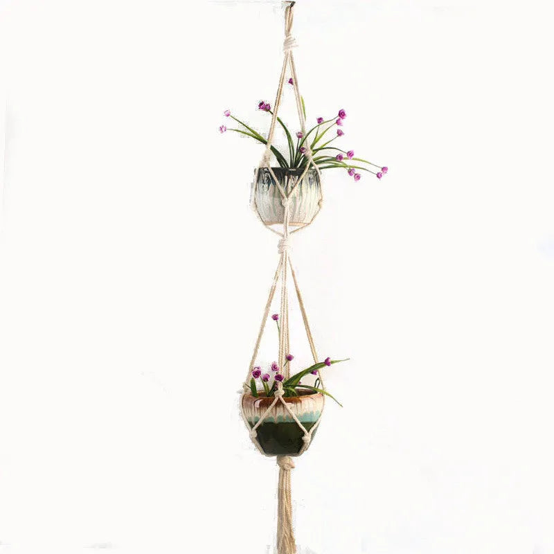 Woven wire cotton rope macramé plant hanger in a European village style, shown as a desktop, wall-mounted, and hanging basin.