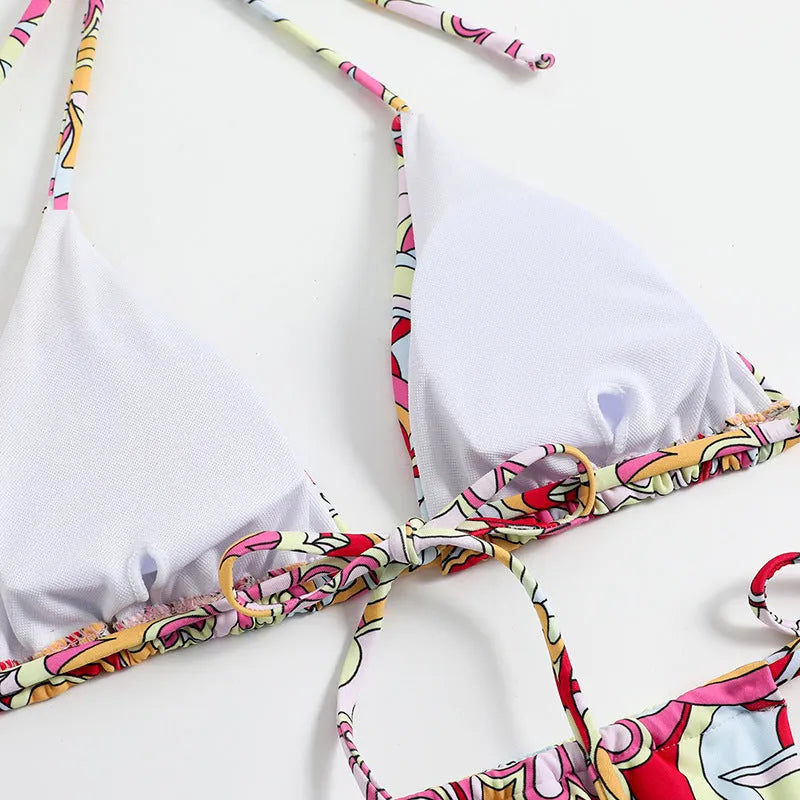 Women's multicolour triangle print bikini with hanging neck top and separate bottoms