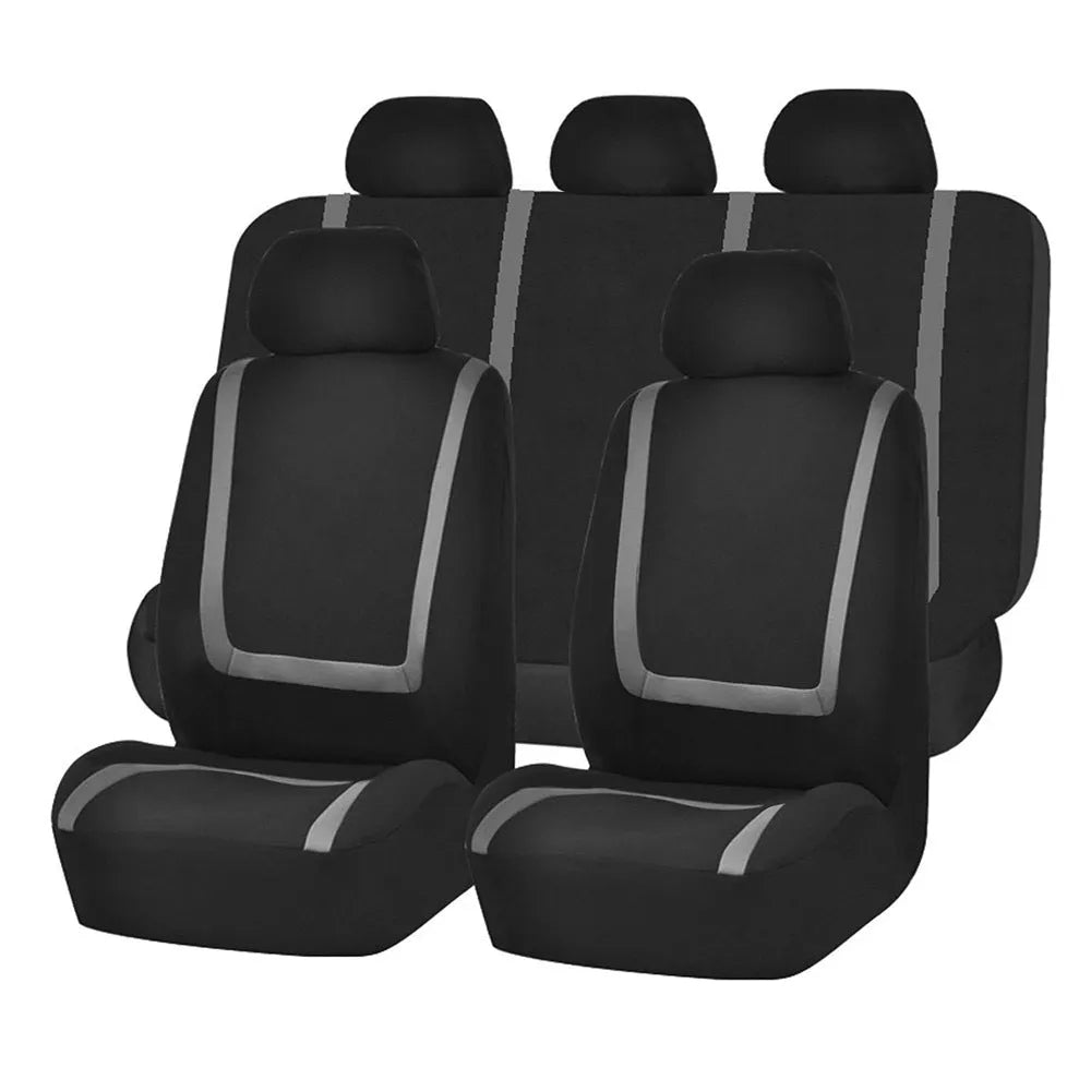 Fully enclosed fabric car seat cover set shown in a two-tone colour on a vehicle seat.