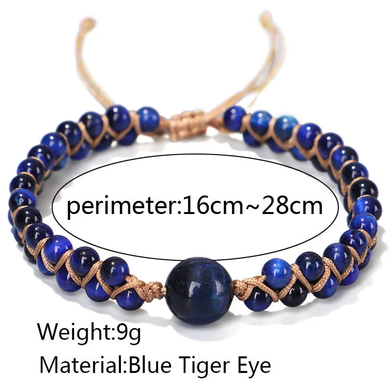 Handmade woven pull bracelet in blue Tigereye or amethyst with geometric design on wrist.