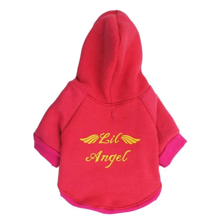 Small dog wearing a fleece hooded sweater in red, standing on a white background