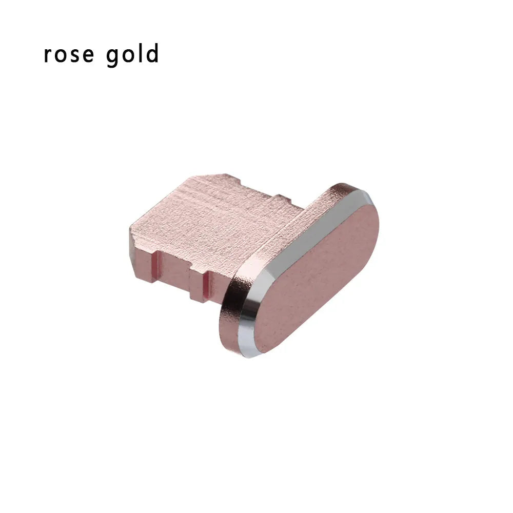Aluminium alloy charging port dust plug for iPhone in various colours including gold, silver, and rose gold.