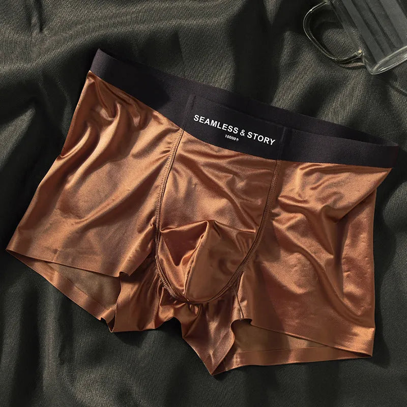 Men's ice silk satin underwear in mid waist traceless design, shown in coffee colour.