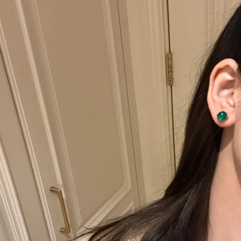 Chinese style retro chalcedony stud earrings with four-claw settings in three colour options