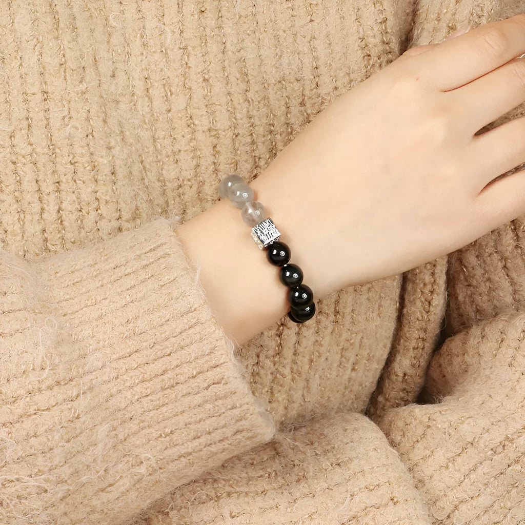 Khaki polished crystal couple bracelet with 10mm geometric beads in Chinese style