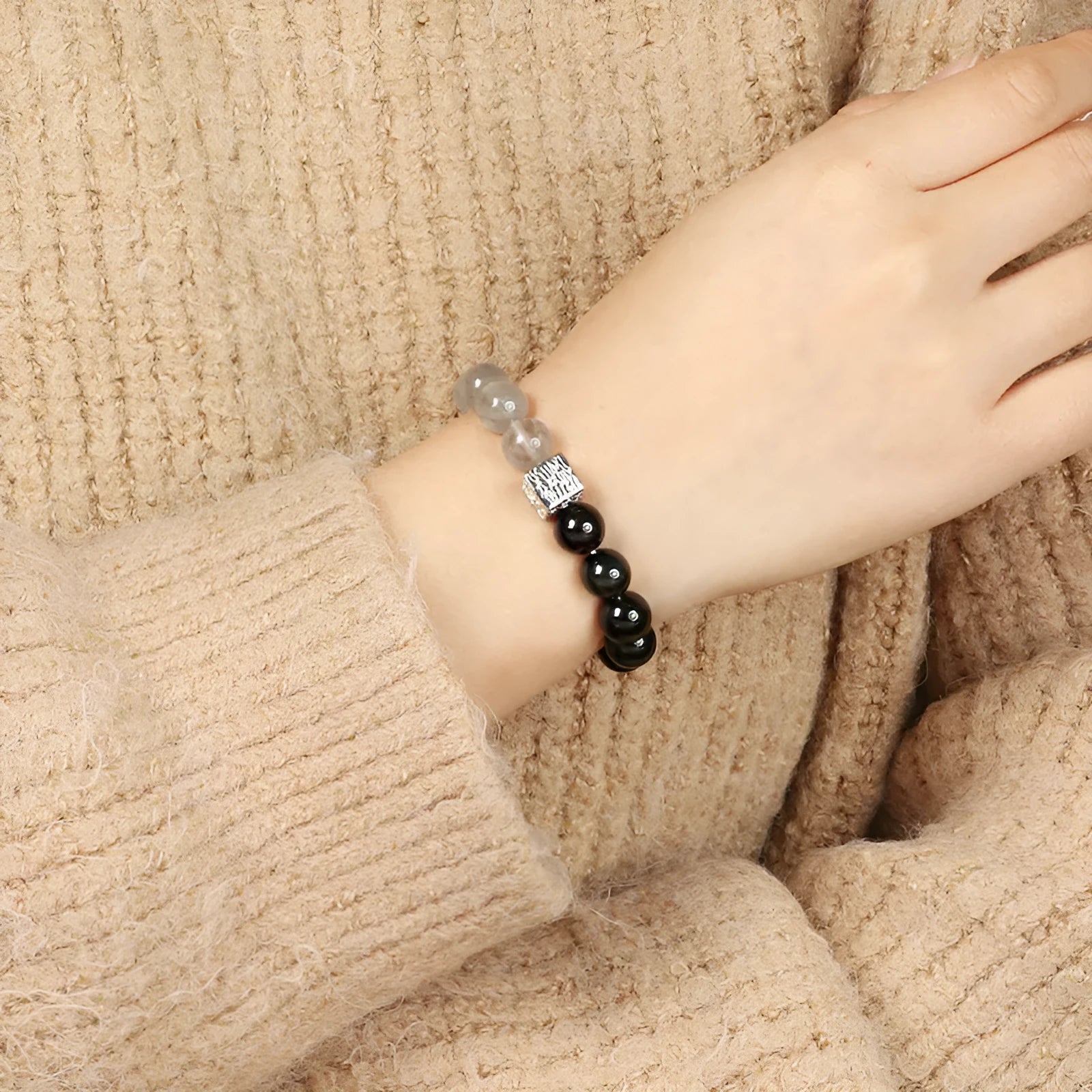 Khaki polished crystal couple bracelet with 10mm geometric beads in Chinese style
