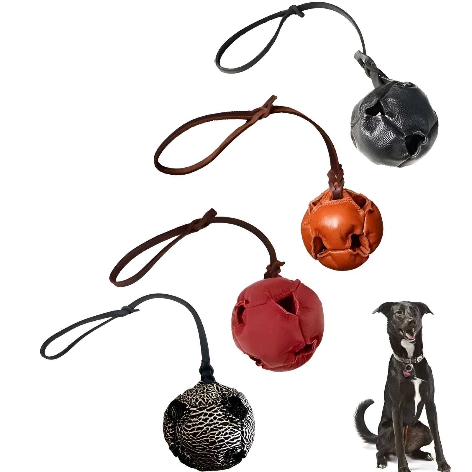 Leather dog training ball toy with handle, soft bite ball for puppy reward, tug toy for obedience training, colourful dog ball