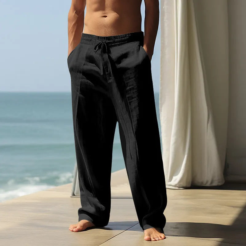 Cotton men's casual trousers with elastic waist in solid colours